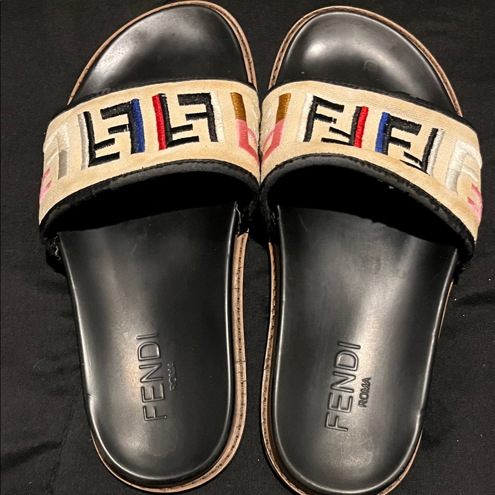 Fendi Zucca WORN and discolored Women's Black Sandals with Multicolor Logo